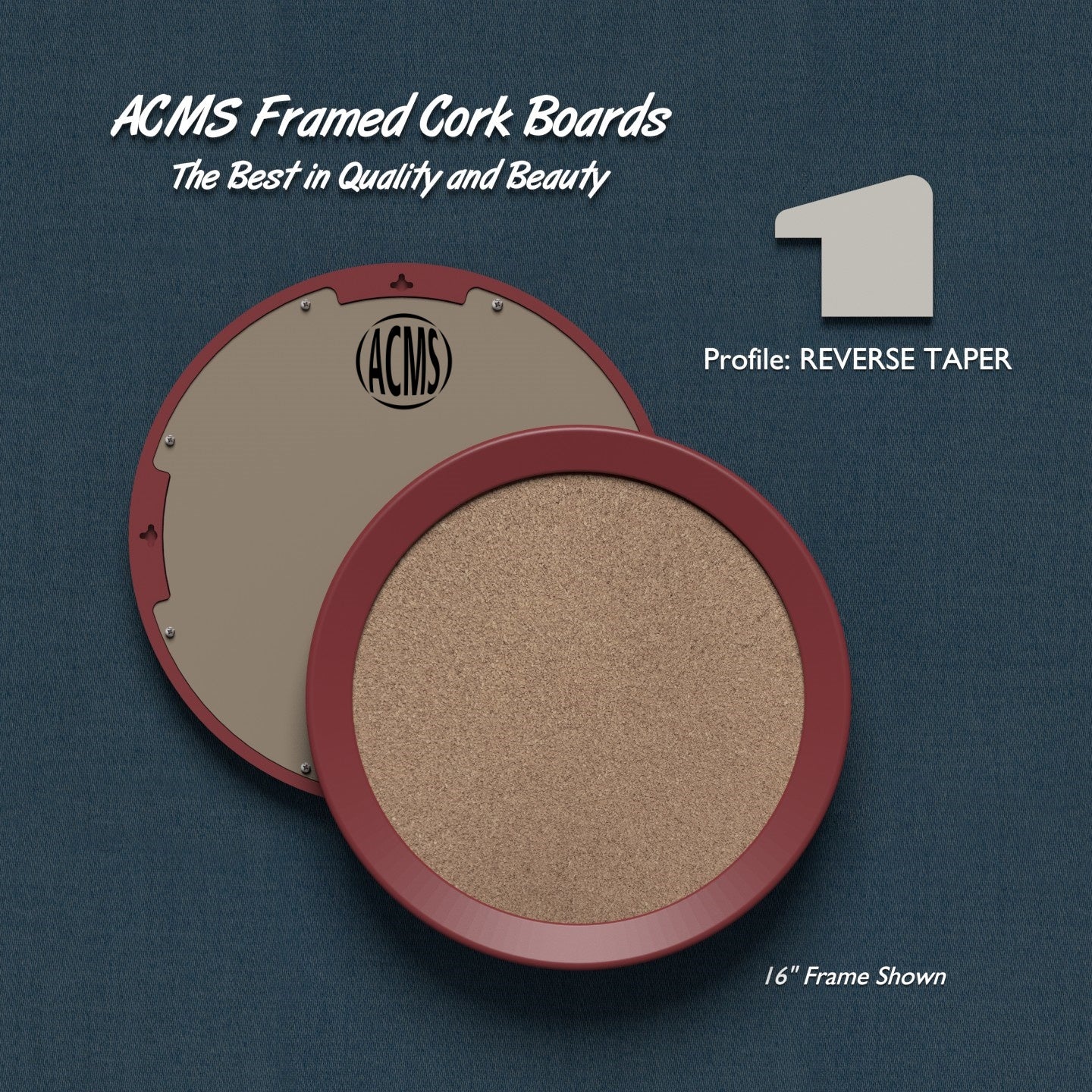 ACMS Round Framed Corkboard - 1 3/8" REVERSE TAPER Profile