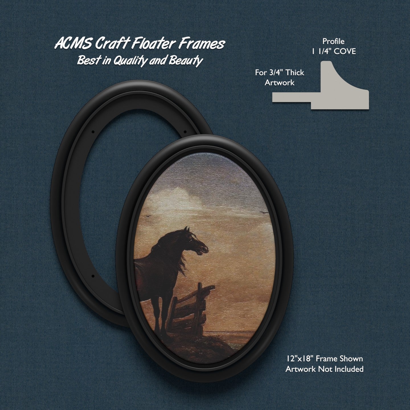ACMS Oval Craft Floater Frame - For 3/4" Thick Artwork - Profile 1 1/4" COVE - 1 1/4" Thick Frame