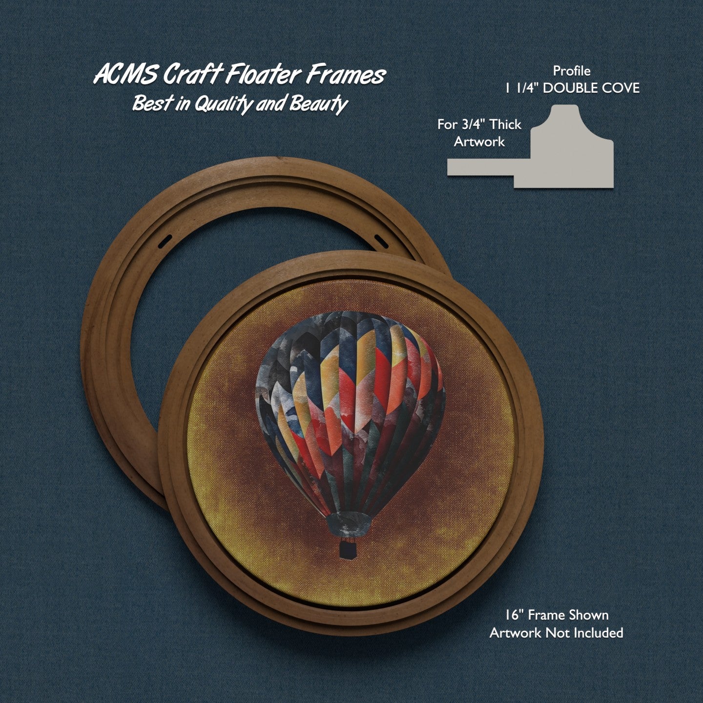 ACMS Round Craft Floater Frame - For 3/4" Thick Artwork - Profile 1 1/4" DOUBLE COVE - 1 1/4" Thick Frame